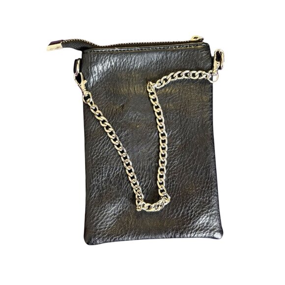 Black Faux Leather Studded Mini Wristlet Purse Chain Strap Zipper Closure - Picture 4 of 5